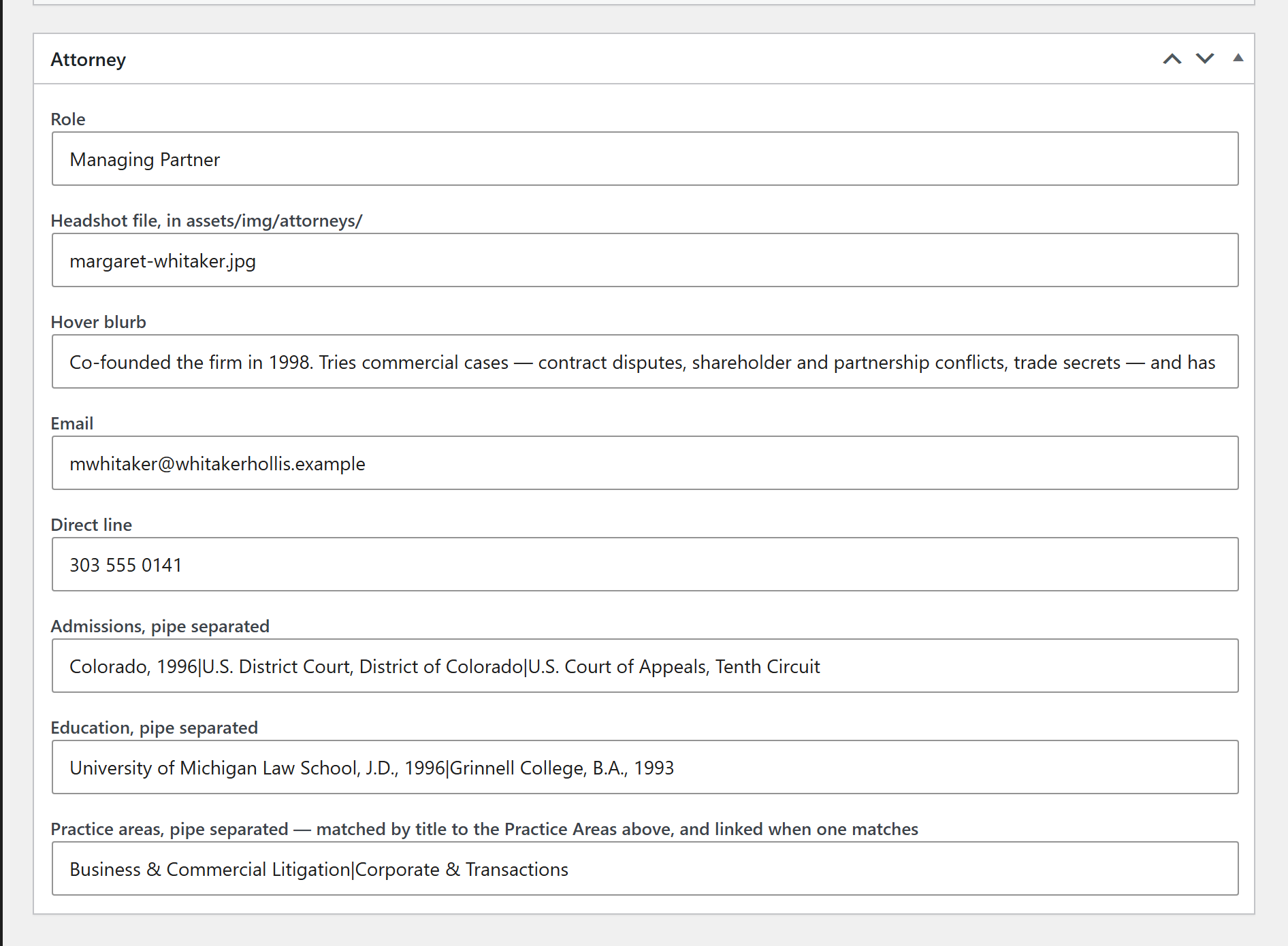 The attorney editing screen in the shipped theme